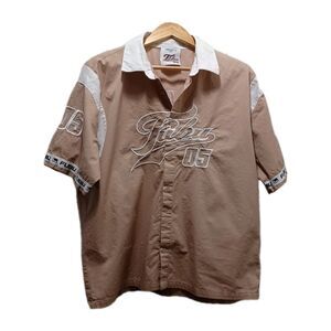 Fubu Men's Vintage Beige Cotton Short Sleeve Embroidered Button Up Shirt XL